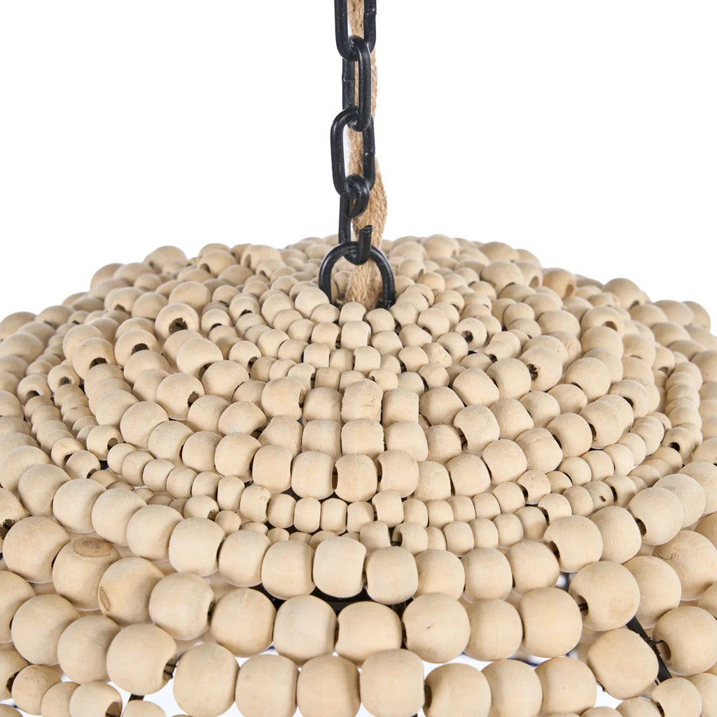 Lustre en perles de bois beige naturel, forme dôme ajouré Ø48 cm, chaîne métal noir