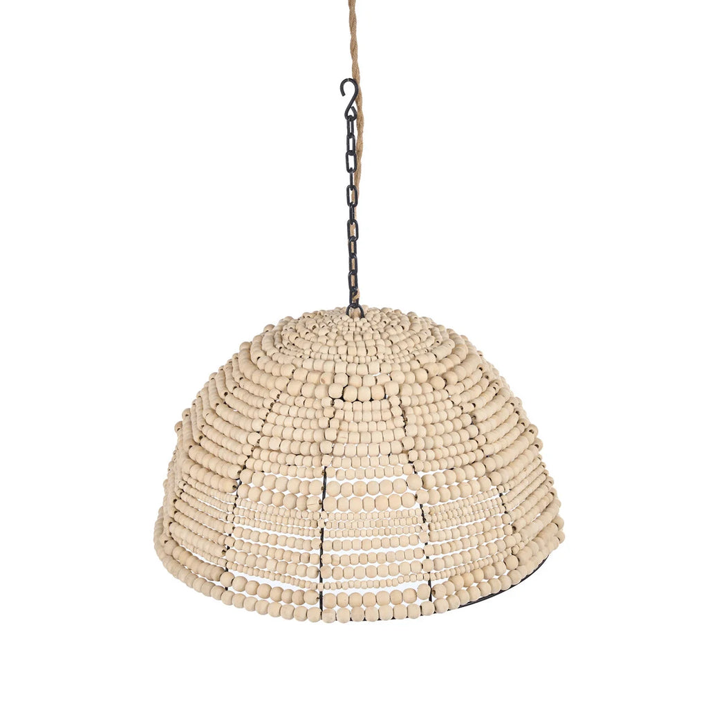 Suspension en perles de bois beige naturel, dôme ajouré Ø48 cm