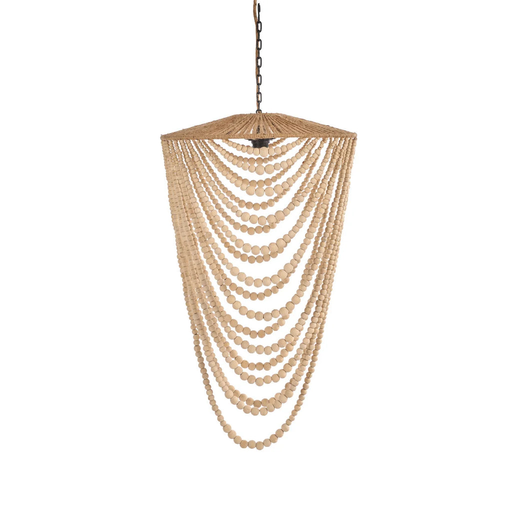 Suspension en perles de bois beige naturel silhouette goutte H80 cm
