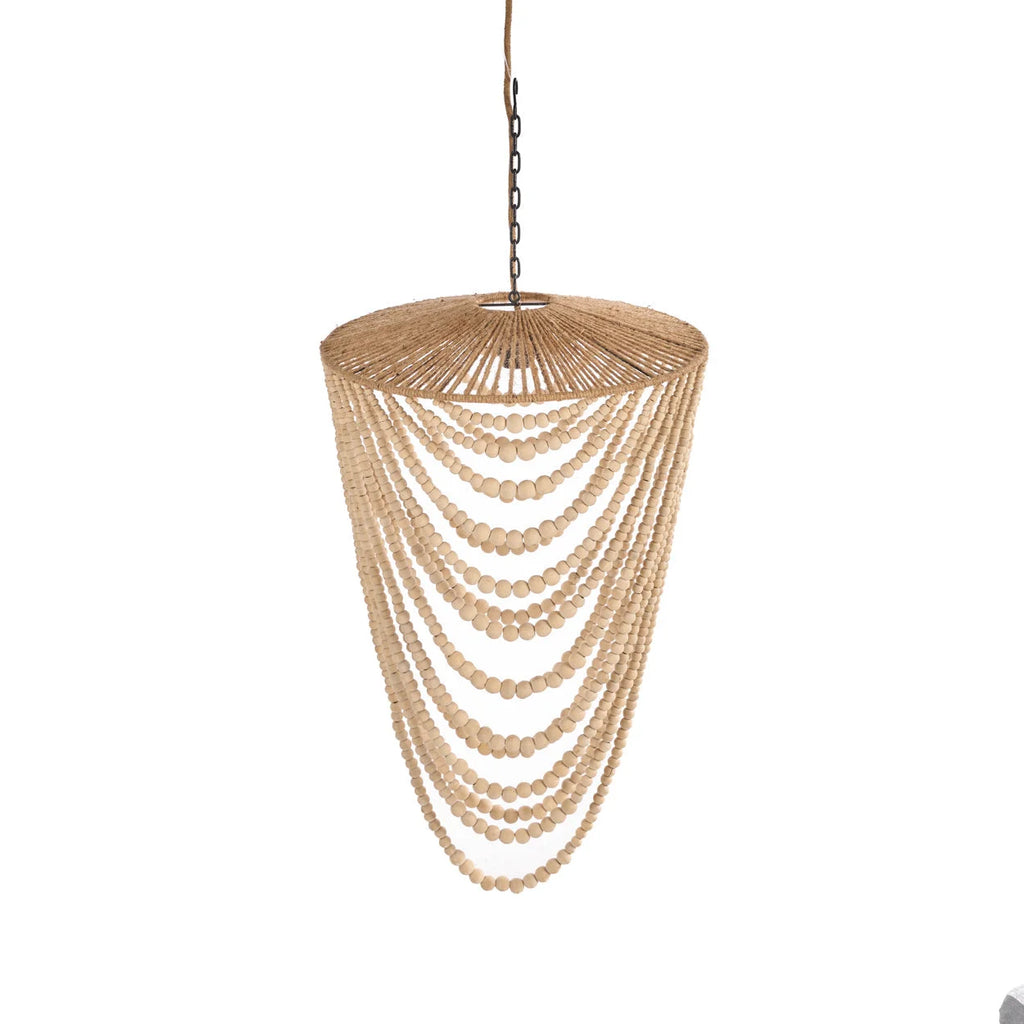 Lustre en perles de bois naturel, silhouette goutte, H80 cm