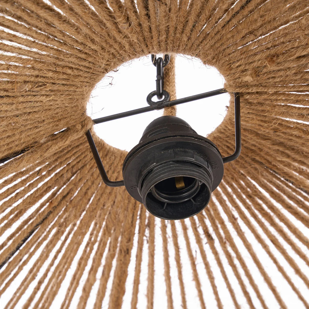 Suspension goutte en perles de bois naturel, tissage rotin, H80 cm