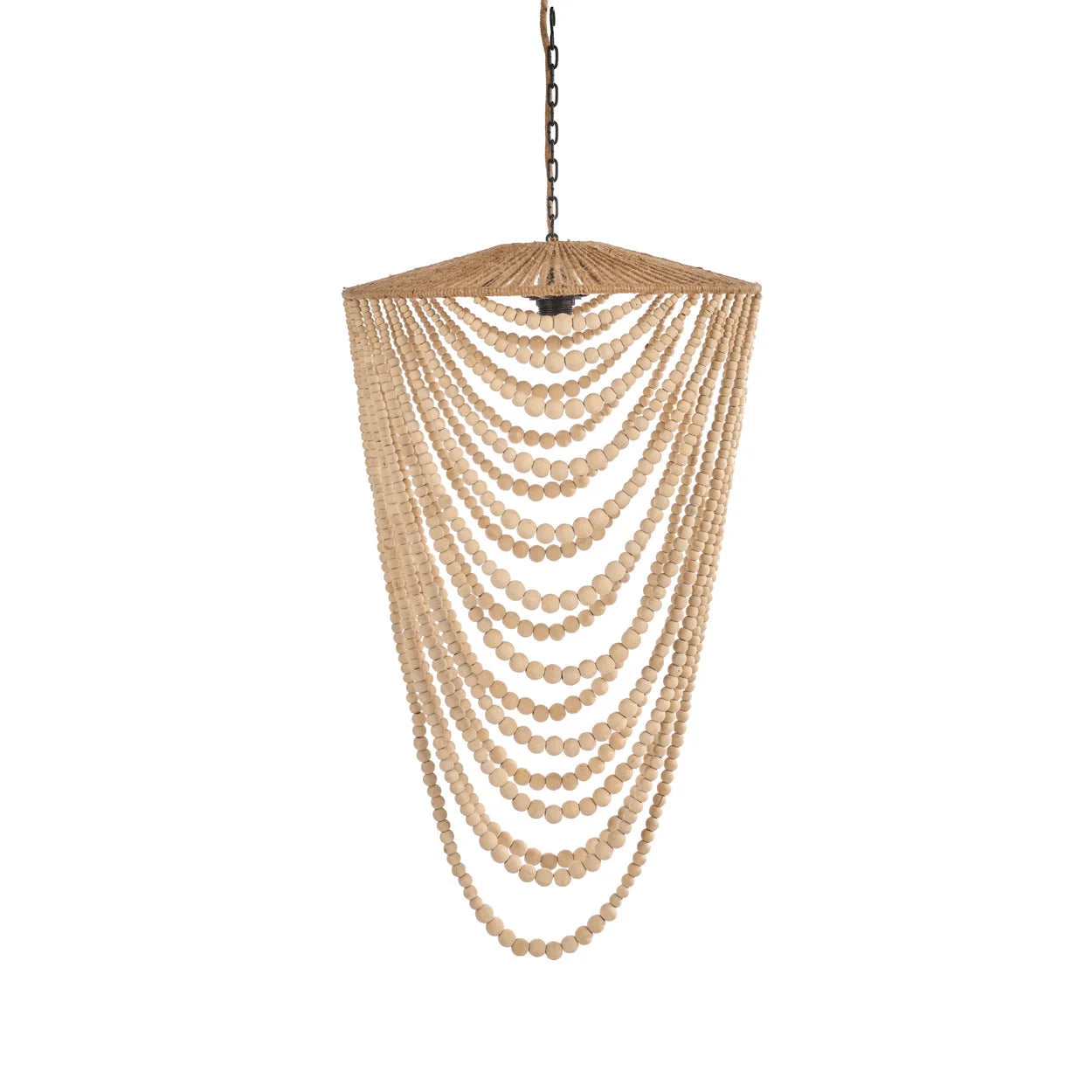 Suspension en perles de bois naturel ton chaud, silhouette goutte H80 cm