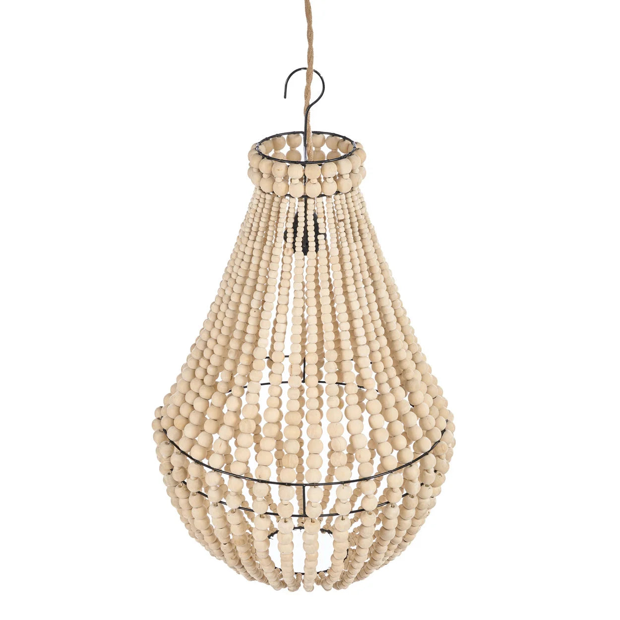 Lustre en perles de bois beige sur cadre métal noir avec crochet, H85 cm
