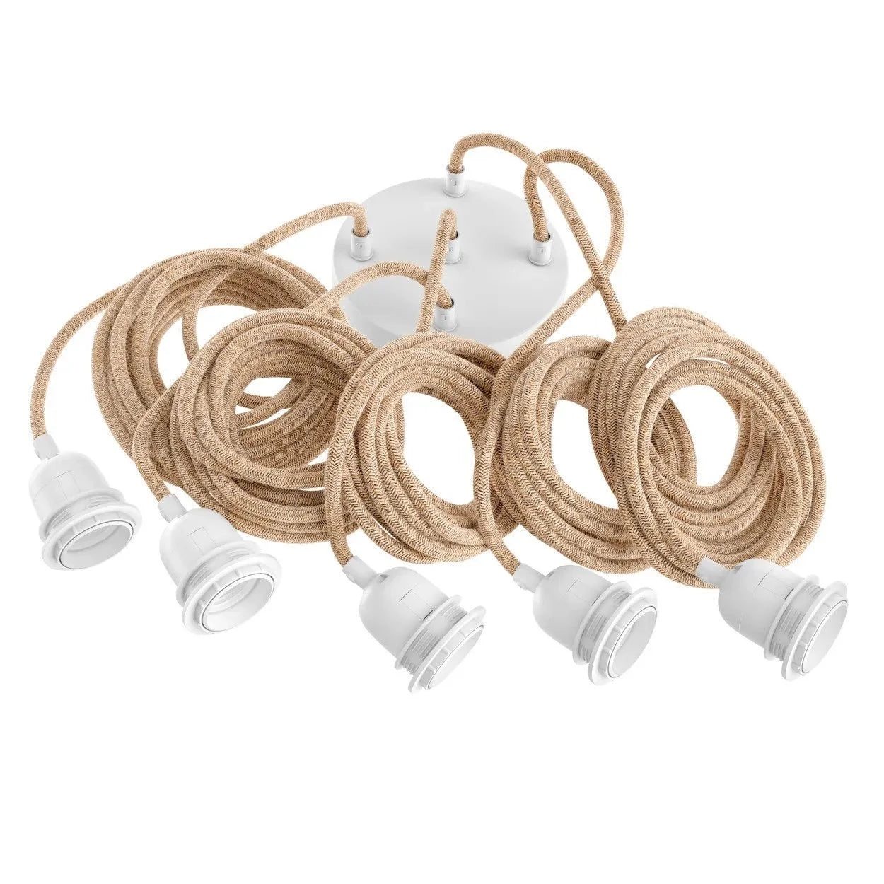 Base de lustre à cinq lumières avec cordons en tissu beige et douilles blanches