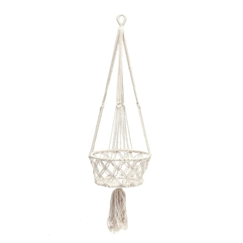 Suspension plante macramé en coton blanc cassé avec franges et tassel, H110 cm