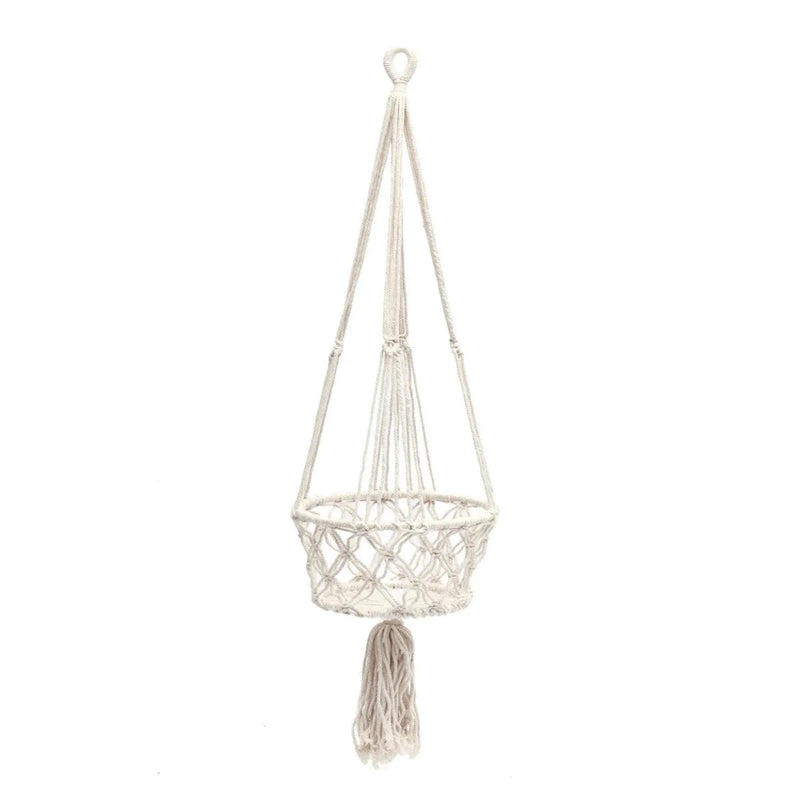 Suspension plante macramé en coton blanc cassé avec franges – H110 cm