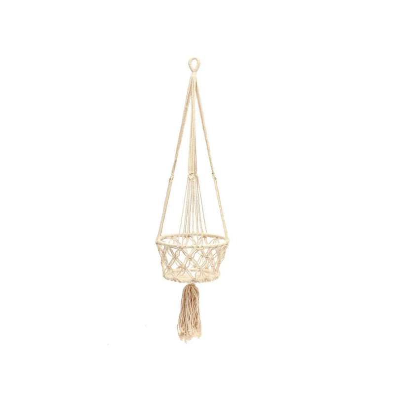 Suspension plante macramé coton blanc avec pompon décoratif – H100 cm