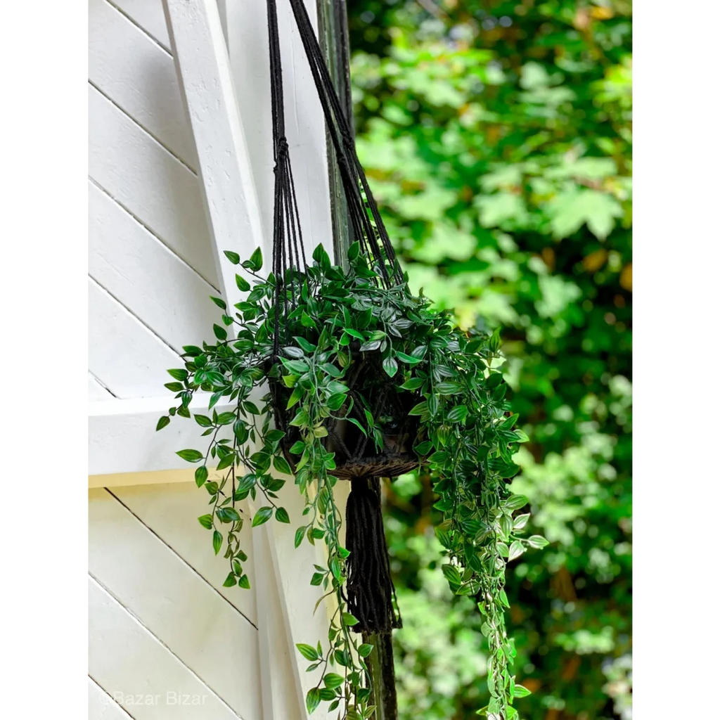 Plante artificielle suspendue avec feuilles vertes en macramé noir cylindrique H100 cm