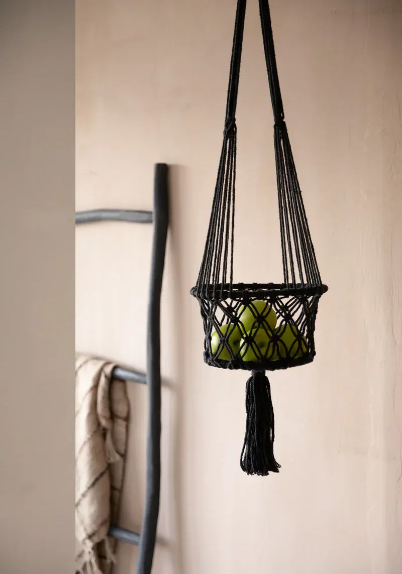Panier à fruits en macramé noir suspendu en coton cylindrique H100 cm
