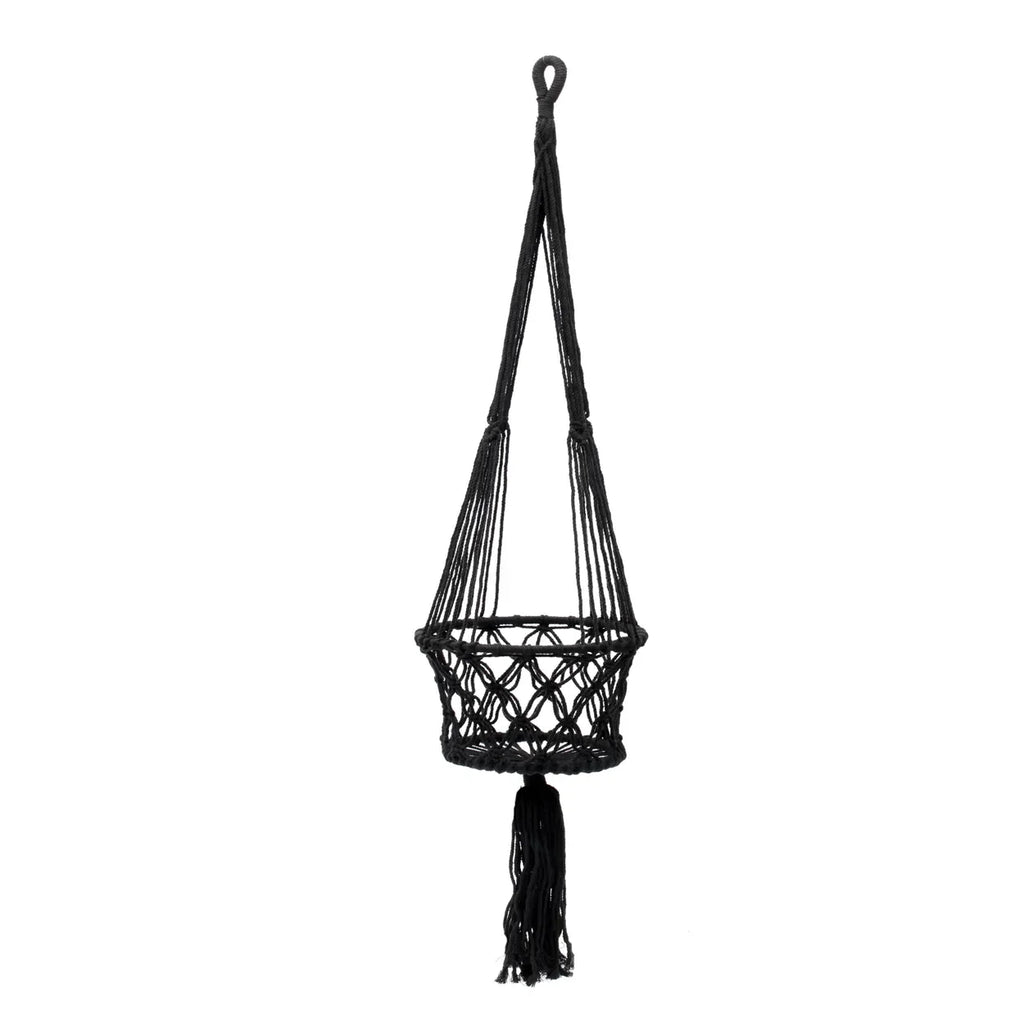 Hanger à plante en macramé noir avec franges, suspension en coton, H110 cm