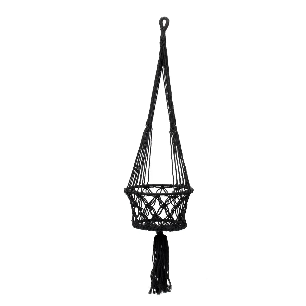 Hanger à plante en macramé noir avec franges, suspension en coton, H110 cm