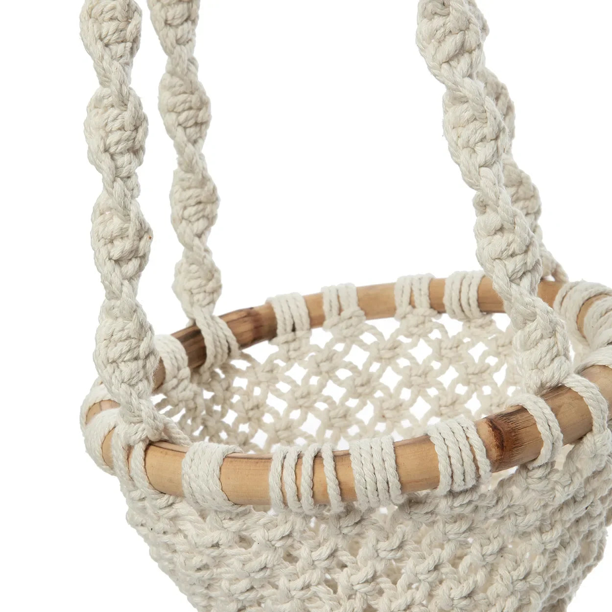 Suspension plante macramé coton torsadé blanc naturel avec gland et anneau en bois