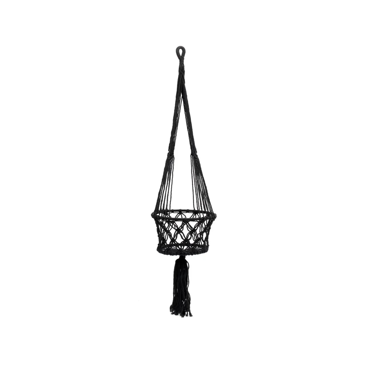 Support de plante en macramé noir en coton tressé avec franges, hauteur 100 cm