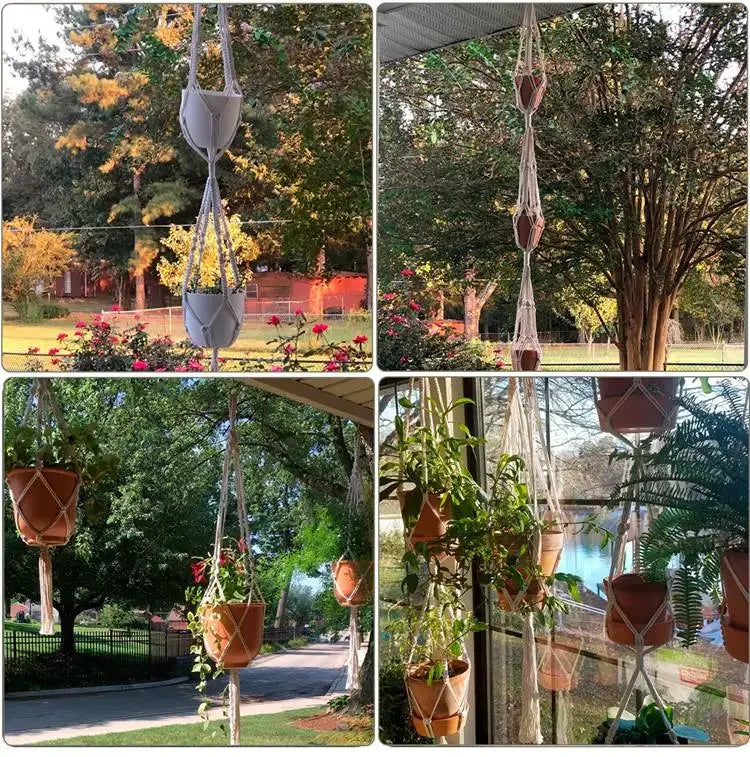 Suspension plante en macramé et perles trois niveaux pour décoration intérieure
