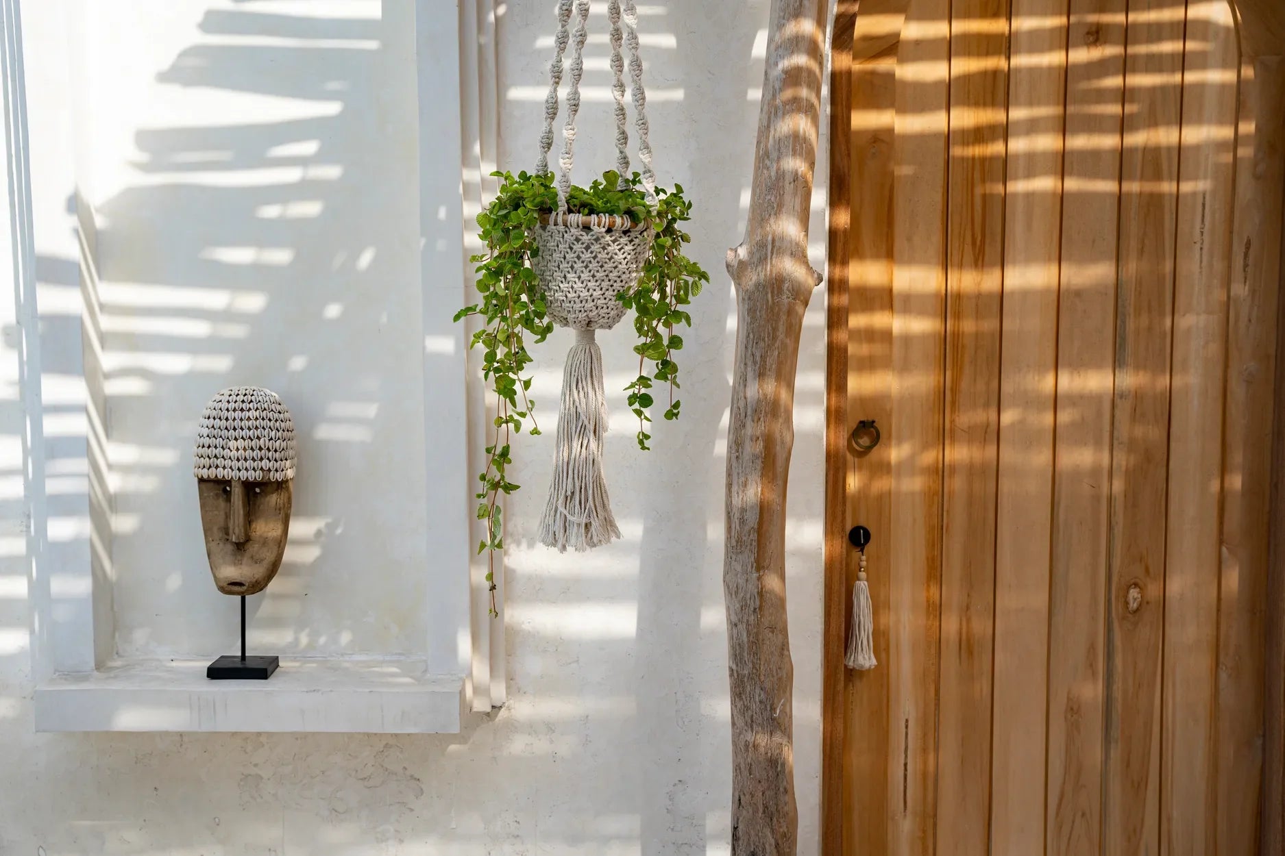 Support en macramé torsadé coton blanc naturel pour plante suspendue H135 cm