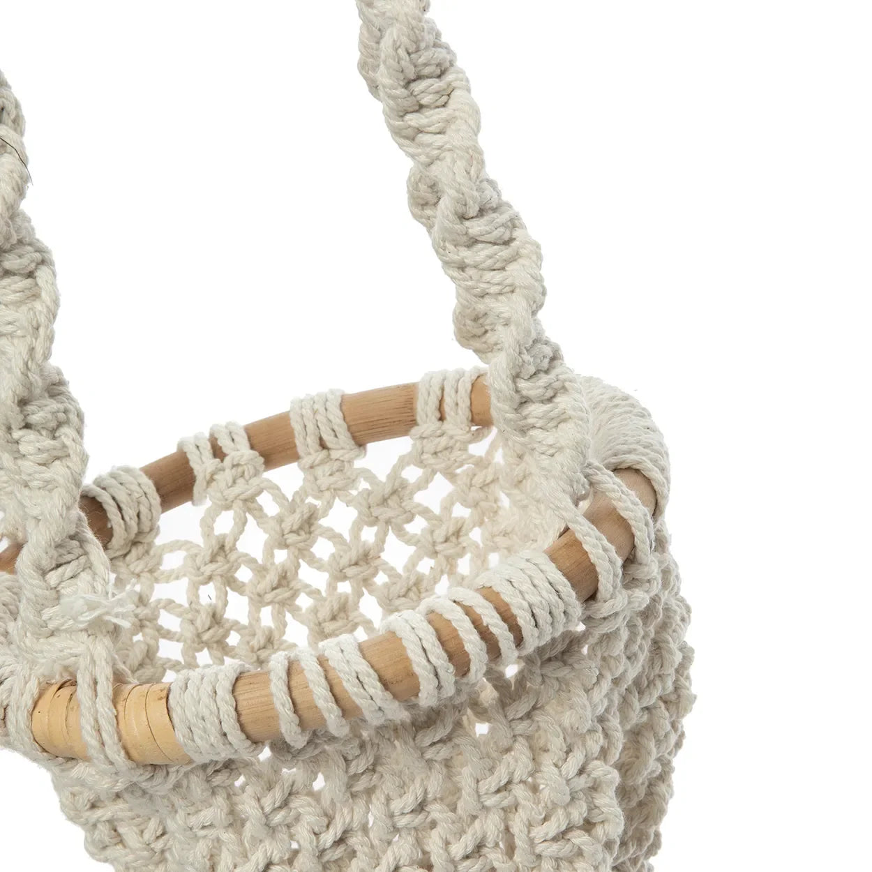 Suspension pour plante en macramé torsadé coton blanc naturel avec anneau en bois