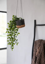 Plante suspendue dans un pot tressé rond en feuille de bananier noir
