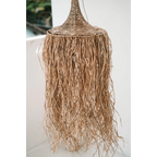 Suspension en raphia et rotin naturel avec conique tissé et frange shaggy Ø70 cm