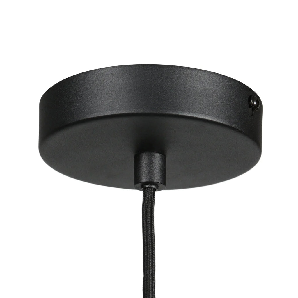 Luminaire suspendu rond en bambou et métal noir ajouré de 50 cm au plafond