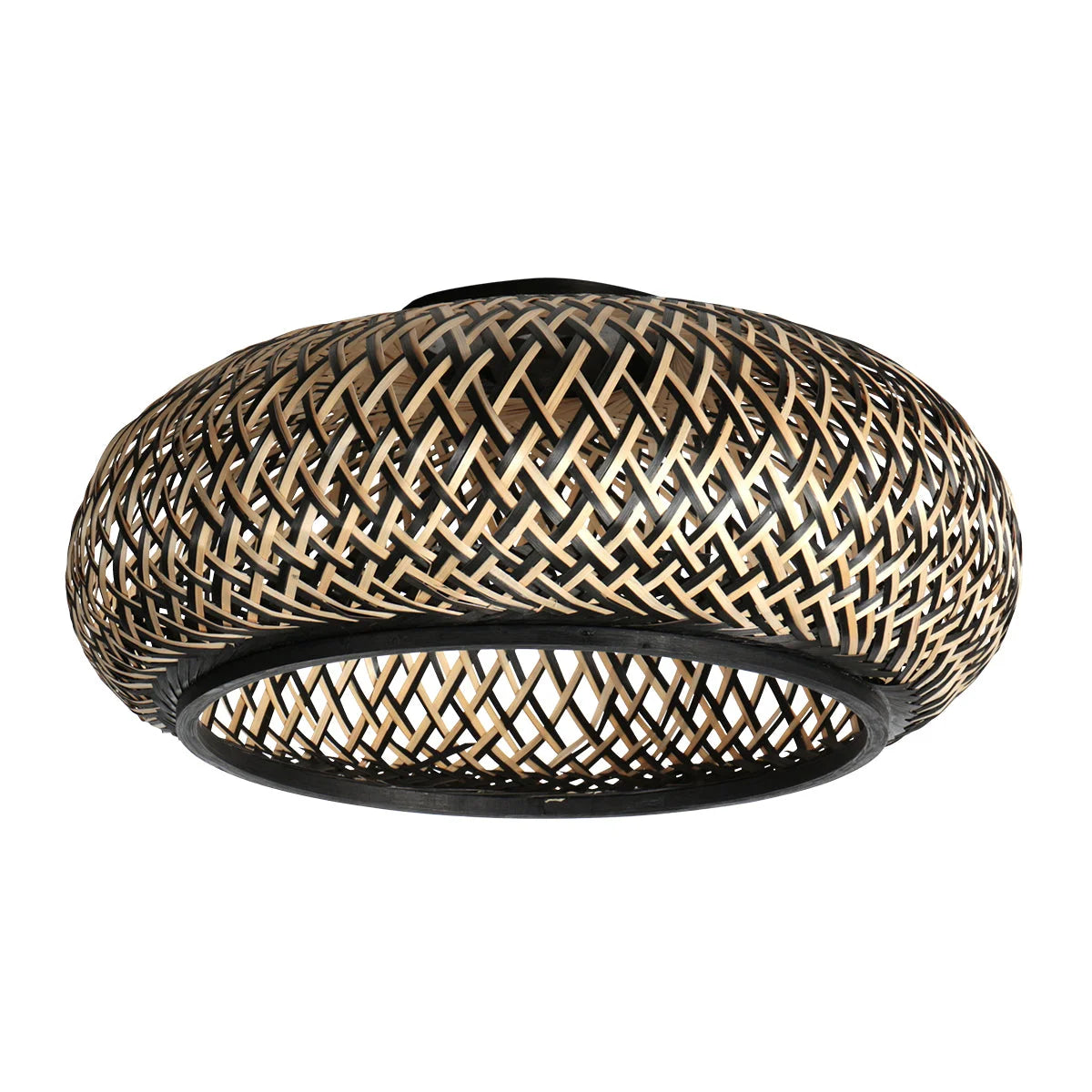 Suspension ronde en bambou et métal noir ajouré, plafonnier éclairage design