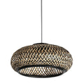 Suspension ronde en bambou et métal noir ajouré avec luminaire en bambou tissé