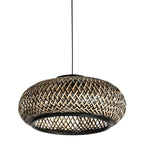 Suspension ronde en bambou et métal noir ajouré avec luminaire en bambou tissé