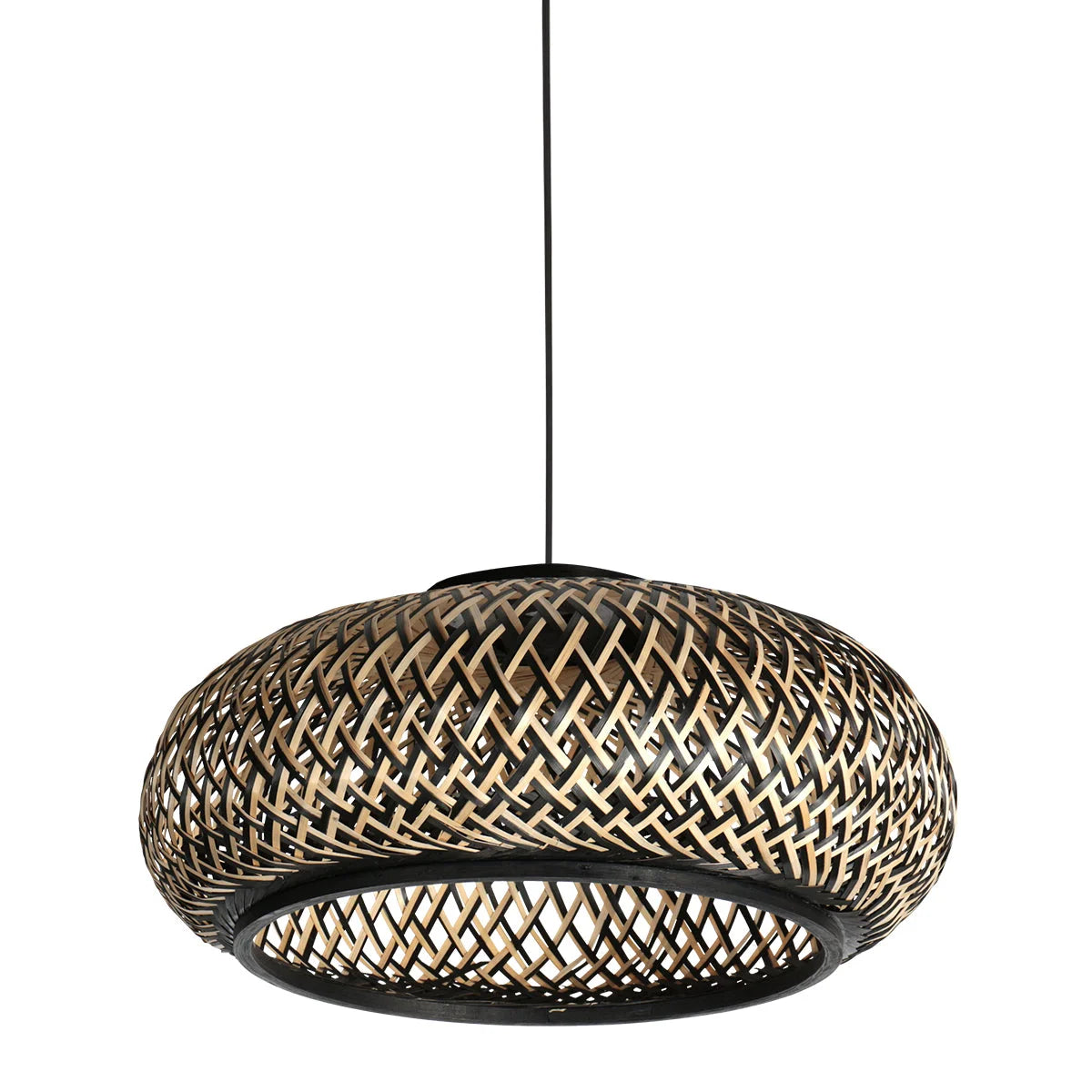 Suspension ronde en bambou et métal noir ajouré avec luminaire en bambou tissé