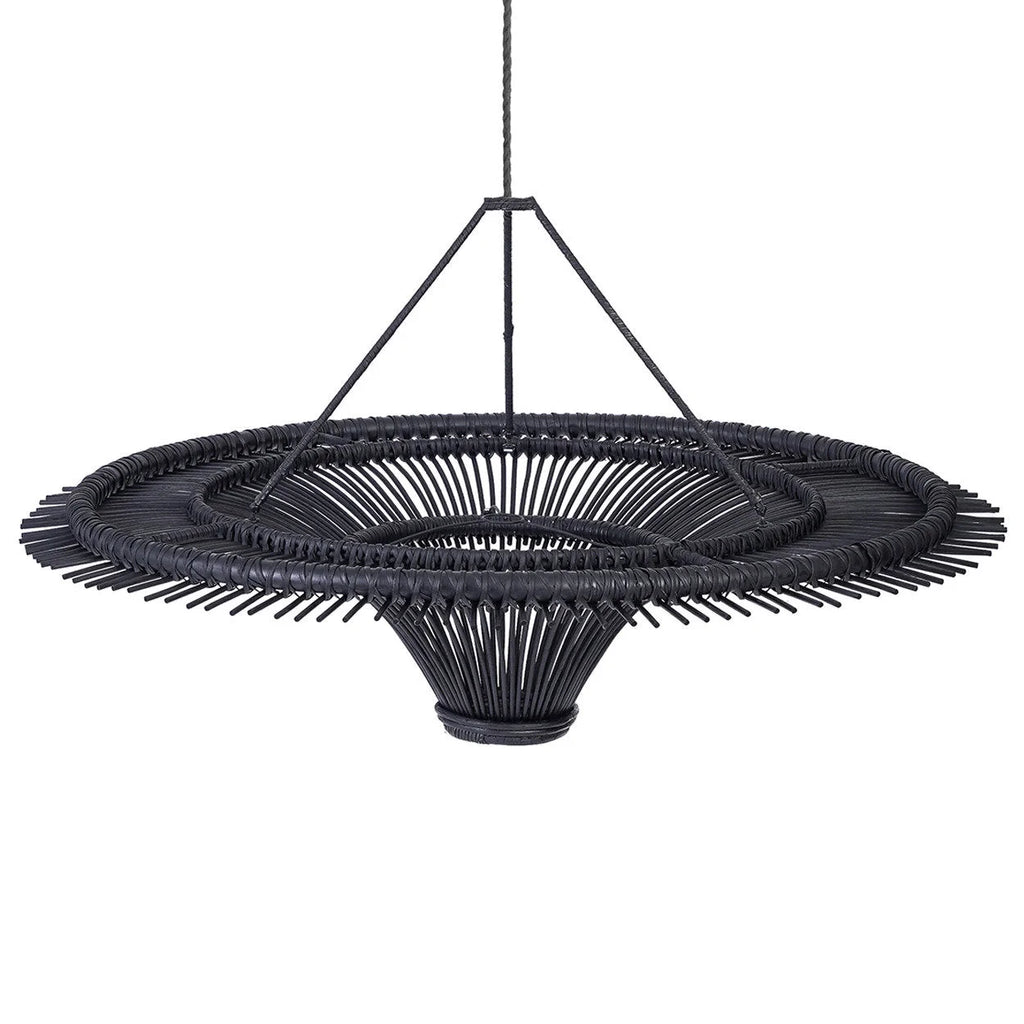 Suspension ronde en rotin noir ajouré effet soleil XXL avec large base conique