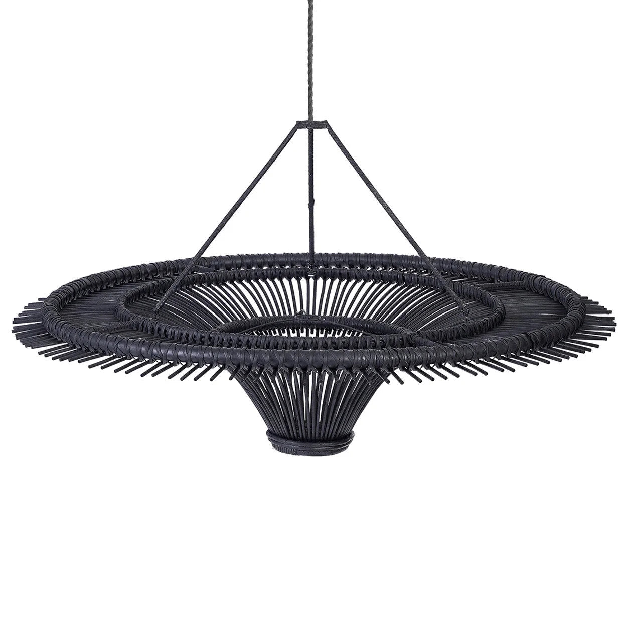 Suspension ronde en rotin noir ajouré effet soleil XXL avec large base conique