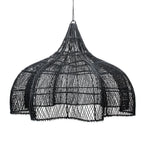 Suspension en rotin ajouré noir forme de fleur XL avec cloche et large bord scallopé