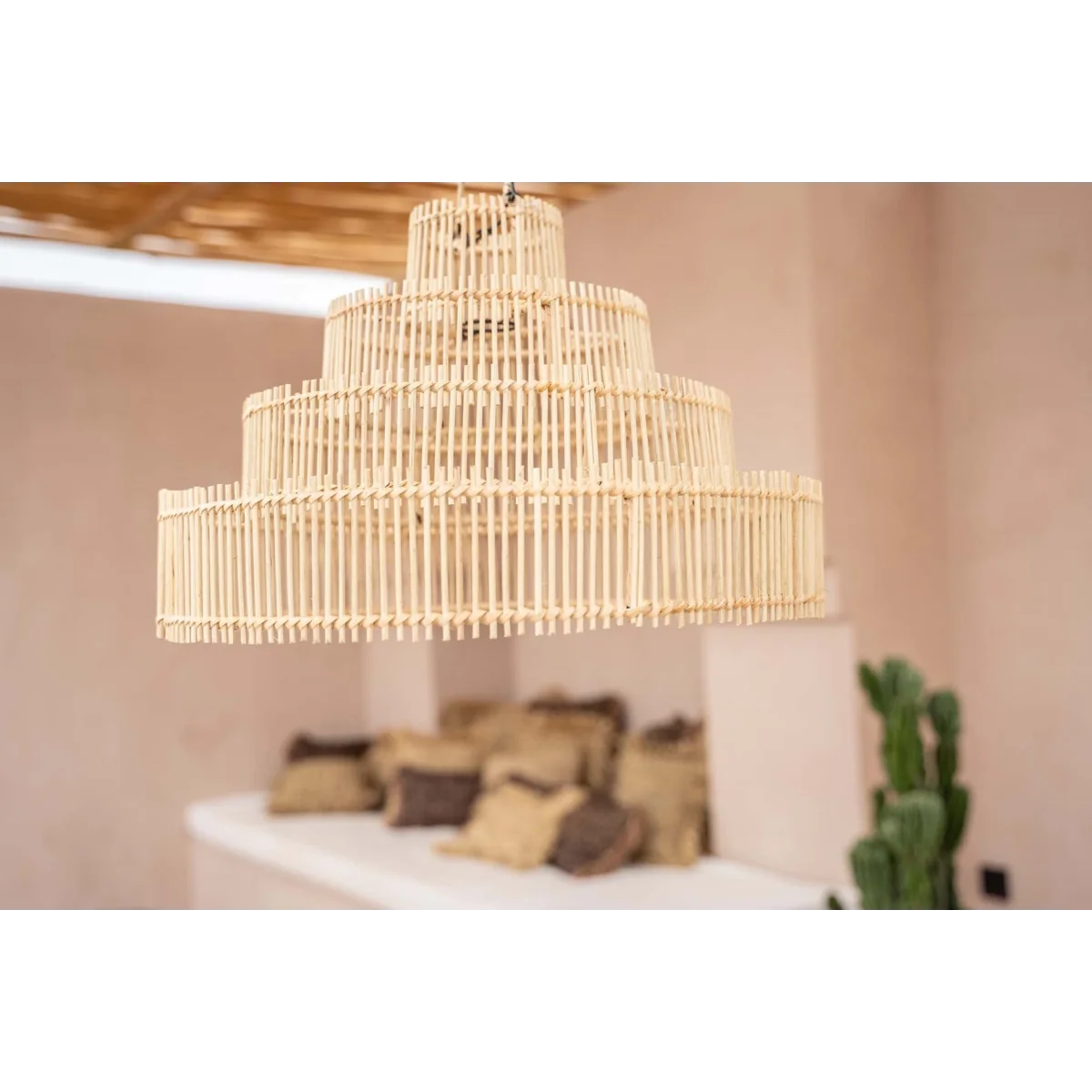 Suspension rotin conique naturelle avec luminaire en bambou tissé, diamètre 51 cm