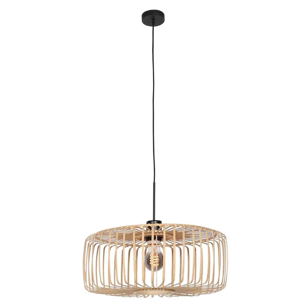 Suspension en rotin naturel ajouré et métal noir avec lampes en bambou suspendus