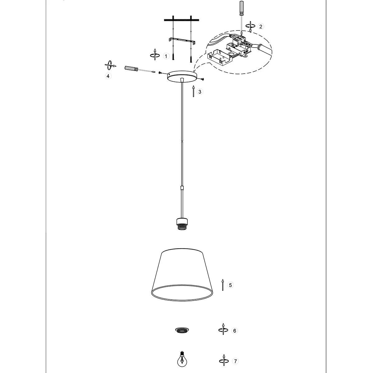 Vue éclatée du luminaire suspendu en rotin naturel ajouré et métal noir Ø40 cm