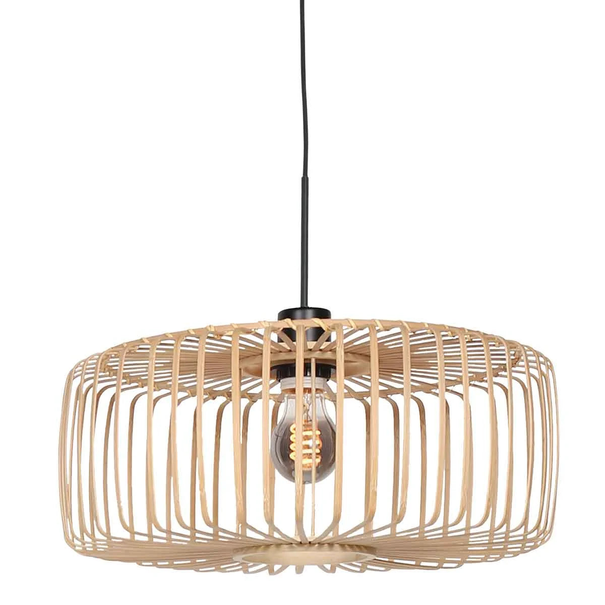 Lustre suspendu en rotin naturel ajouré et métal noir de Ø40 cm