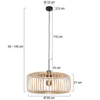 Suspension en rotin naturel ajouré et métal noir avec dimensions Ø40 cm