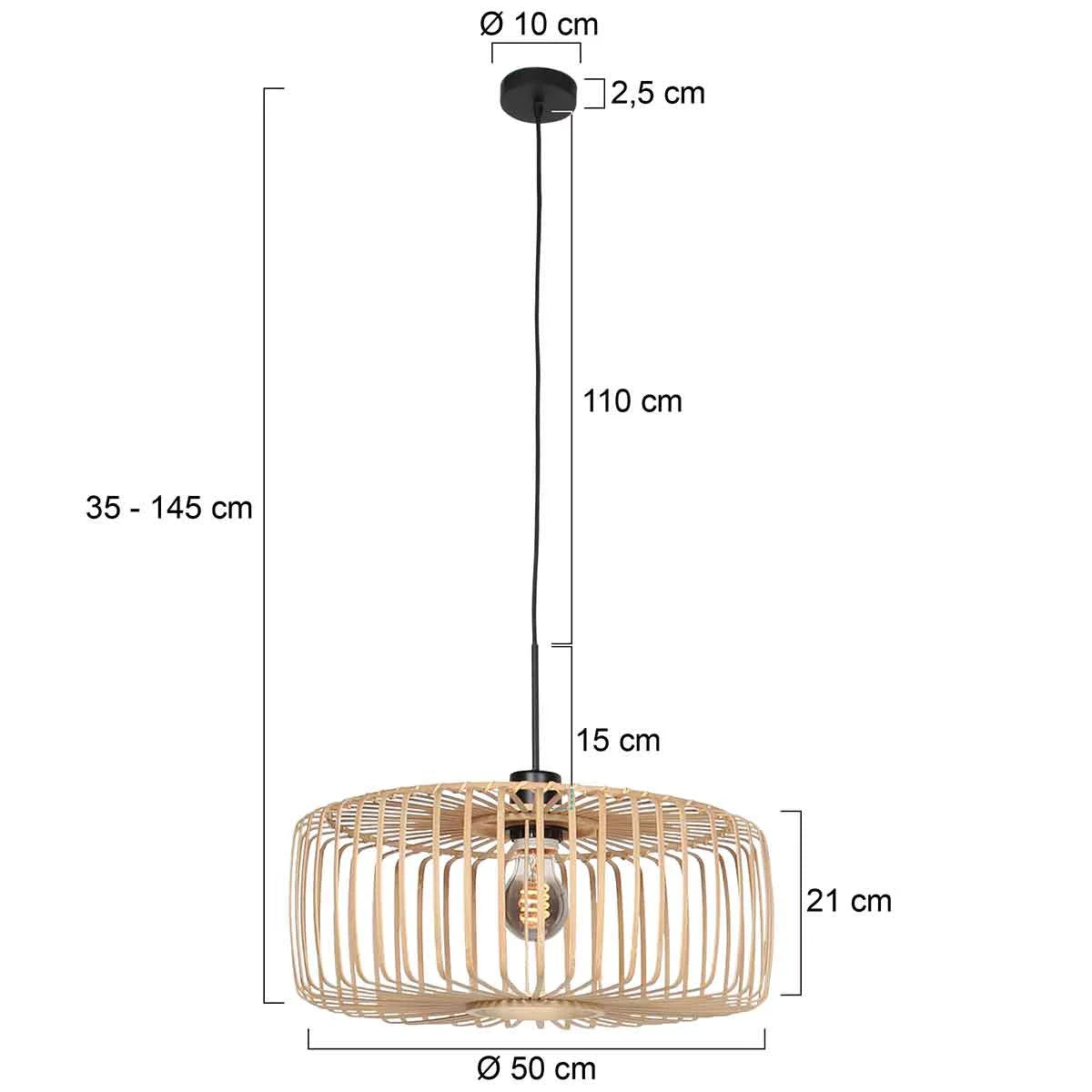 Suspension en rotin naturel ajouré et métal noir avec dimensions Ø40 cm