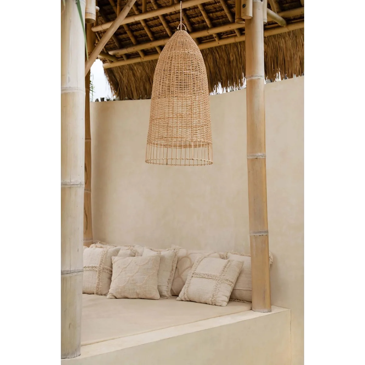 Luminaire suspendu en rotin naturel en forme de cage ronde de 90 cm