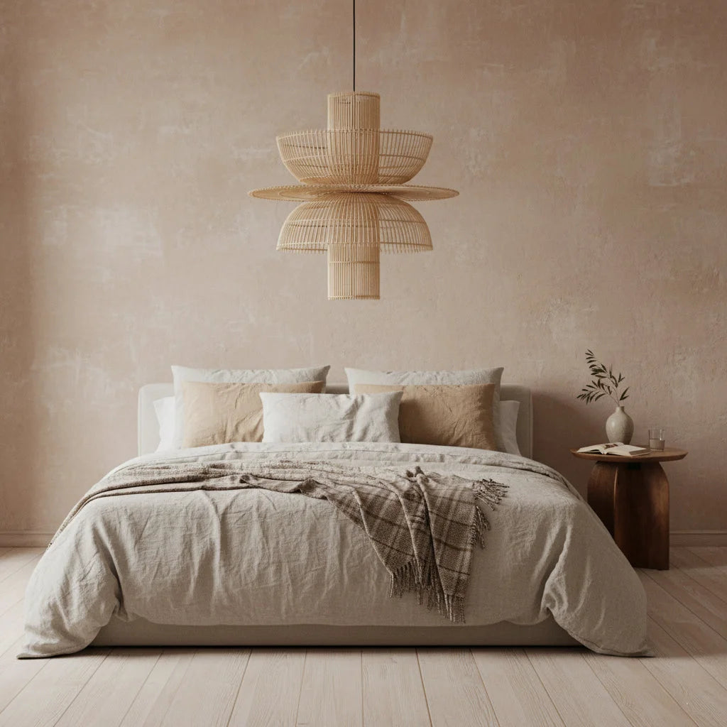 Suspension en rotin naturel beige ajourée en forme de fleur, Ø65 cm