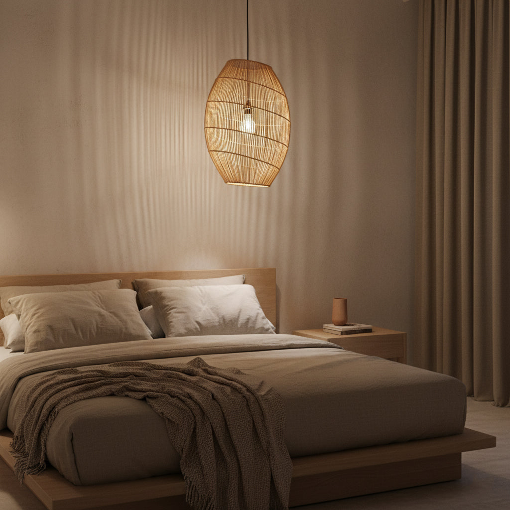 Suspension en rotin naturel ovale ajourée Ø40xH60 cm avec ampoule chaleureuse