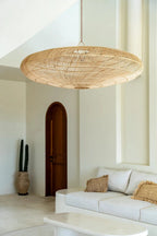 Suspension en rotin naturel tressé avec grand abat-jour plat ovalé Ø150 cm
