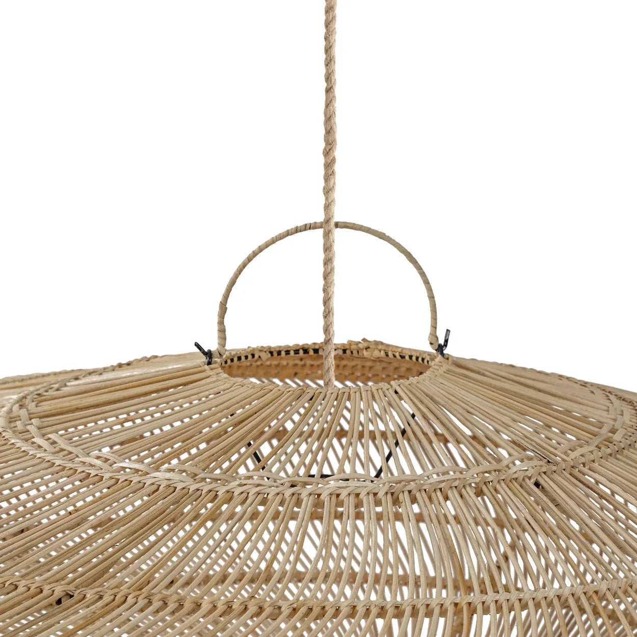 Suspension en rotin naturel tressé forme soucoupe XL avec corde épaisse, éclairage bohème