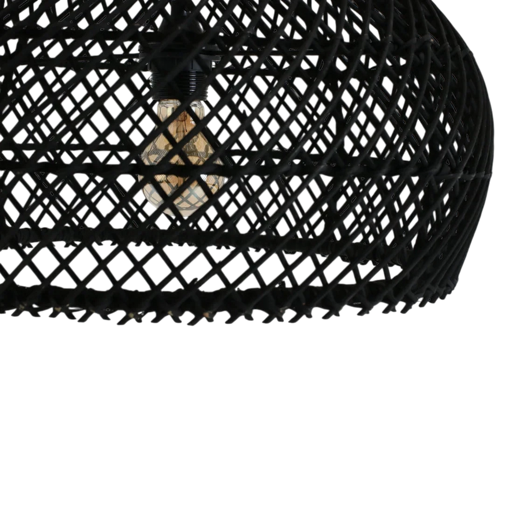 Suspension en rotin noir ajouré forme gourde avec ampoule visible, Ø42 cm
