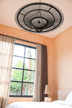 Suspension rotin noir XL 110 cm plafonnier rond design avec luminaire circulaire noir