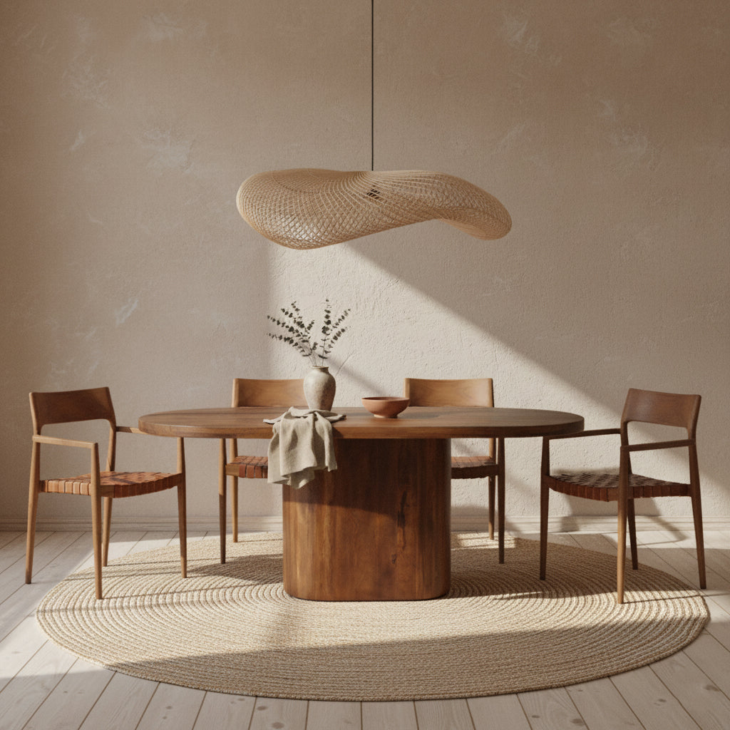 Lampe suspendue en rotin ondulé naturel XL, Ø90 cm, forme organique beige clair
