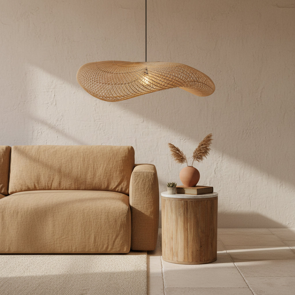 Lampe suspendue en rotin ondulé naturel XL, Ø90 cm