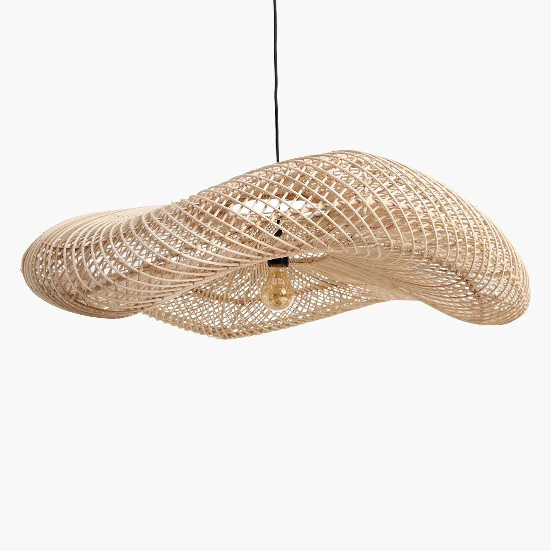 Suspension en rotin ondulé naturel XL, Ø90 cm, design organique avec ampoule exposée