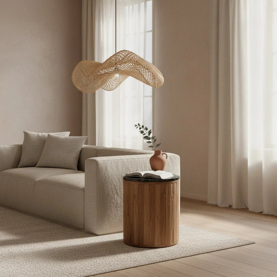 Lampe suspendue en rotin ondulé tressé naturel, Ø71 cm, pour salon