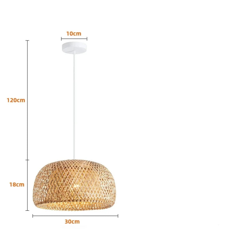 Détail des dimensions de la suspension en rotin ronde avec informations techniques.