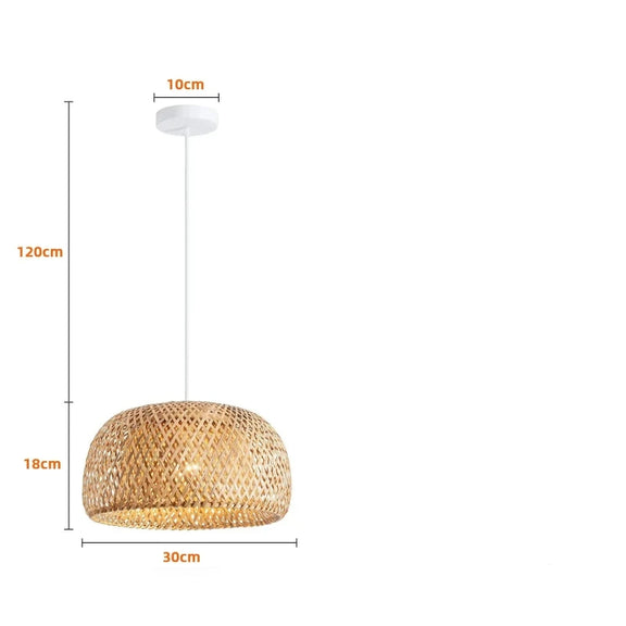 Détail des dimensions de la suspension en rotin ronde avec informations techniques.