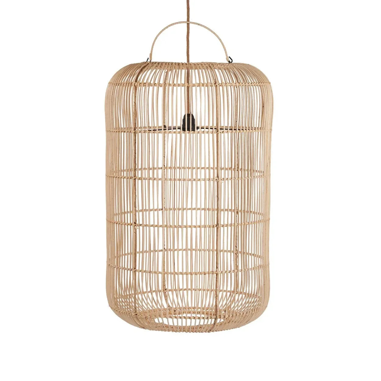 Suspension en rotin tressé beige cylindrique avec anse – Ø50 cm